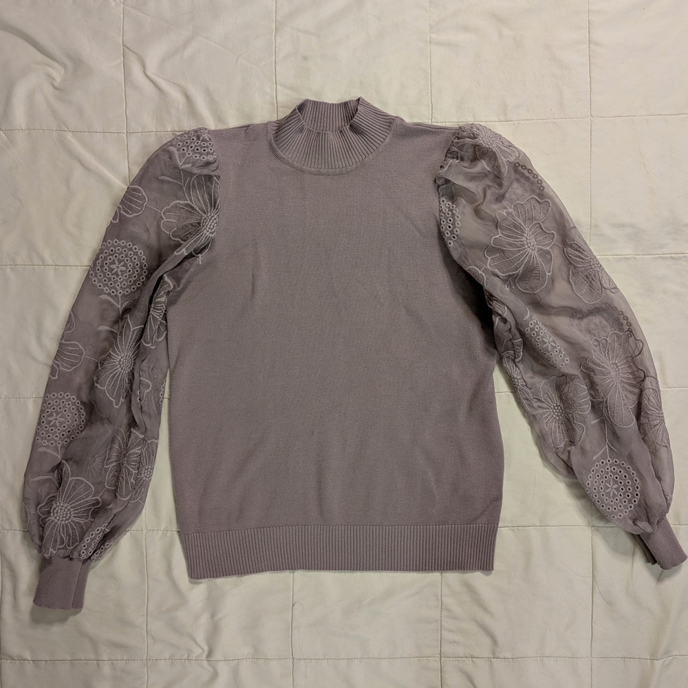 Muted Lilac/Mauve Mock Neck Sweater Top w/ Sheer Embroidered Sleeves